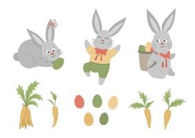 Vector set of cute funny Easter bunnies with colored eggs and carrots. Spring funny illustration. Collection of design elements for Christian holiday