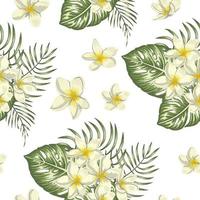 Vector seamless pattern of green tropical leaves with plumeria flowers on white background. Summer or spring repeat tropical backdrop. Trendy exotic jungle ornament.