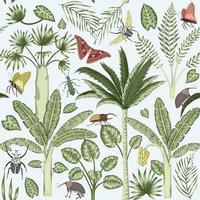 Vector seamless pattern with tropical plants and insects. Vintage summer cute repeat backdrop. Exotic jungle wallpaper