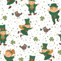 Vector seamless pattern with Saint Patrick Day symbols. National Irish holiday repeating background. Cute funny flat texture with leprechaun and fairy.