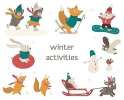 vector conjunto de lindos animales del bosque haciendo actividades de invierno. divertidos personajes del bosque con esquí, patines, trineo, snowboard, muñeco de nieve.