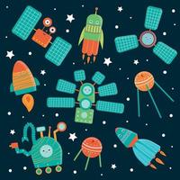 Vector set of space technics for children. Bright and cute flat illustration of spaceship, rocket, satellite,  space station, rover on dark blue background