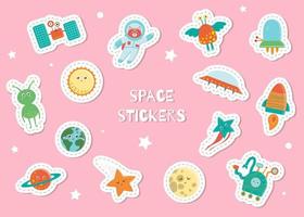 lindas pegatinas espaciales para niños sobre fondo rosa. Ilustración plana brillante de satélite, astronauta, extraterrestre, sol, planeta, tierra, estrella, luna, ovni, rover, cohete. personajes sonrientes cósmicos para niños vector