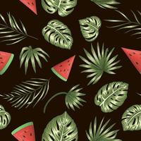 Vector seamless pattern of green palm tree and monstera leaves with red watermelon on black background. Summer repeat tropical backdrop. Exotic jungle ornament