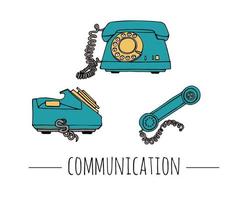 Vector vintage telephone set. Retro illustration of wired rotary dial telephone. Old means of communication