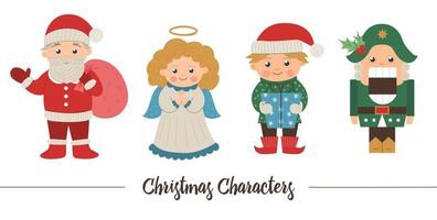 Vector set of Christmas characters. Cute winter Santa Claus with sack, Angel, Elf, Nutcracker illustration isolated on white background. Funny flat style picture for New Year or winter design