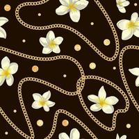 Vector seamless pattern of white plumeria flowers with golden foil confetti and chain on black background. Repeat tropical backdrop. Trendy exotic jungle wallpaper.