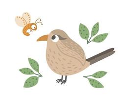 Vector hand drawn flat wren with leaves and insect. Funny woodland bird icon. Cute forest animalistic illustration for children design