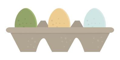 Vector illustration of packaging with colored eggs isolated on white background. Easter traditional symbol and design element. Cute spring icon picture.