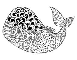 Vector illustration of doodle black and white whale. Coloring page for adults