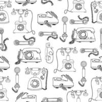 Old vintage telephone background. Vector seamless pattern of retro phones. Repeat backdrop of black telephones isolated on white background