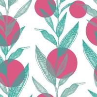 Vector seamless pattern of green tropical leaves with pink circles isolated on white background. Hand drawn natural background. Graphic tropical design. Line shading style.