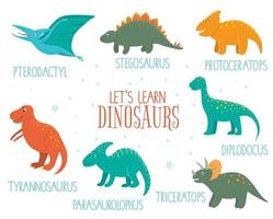 vector conjunto de dinosaurios lindos con nombres aislados sobre fondo blanco. divertidos personajes de dinosaurios planos. linda ilustración de reptiles prehistóricos