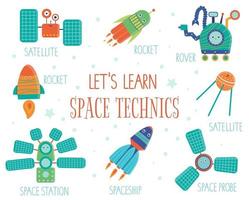 vector conjunto de técnicas espaciales para niños. Ilustración plana brillante y linda de nave espacial, cohete, satélite, estación espacial, rover con nombres aislados sobre fondo blanco