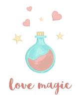 Cute vector illustration of watercolor style love potion with hearts and stars isolated on white background. Unicorn themed picture for print, banner, card or textile design.