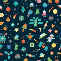 Vector seamless pattern of space objects. Bright and cheerful repeat background with planet, star, spaceship, satellite, moon, sun, asteroid, astronaut, alien, UFO