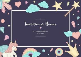 Vector horizontal frame with colored unicorns. Card template for children event. Girlish cute invitation or banner design.