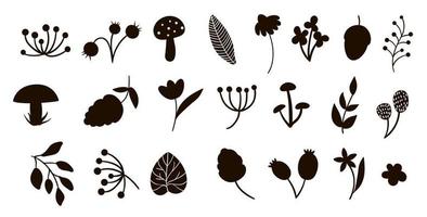 Vector forest elements silhouettes clip art set. Flat trendy illustration with leaves, branches, berries, cones, mushrooms. Woodland or forest black elements isolated on white background.