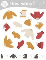 Winter counting game with warm clothes. Winter math activity for preschool children. How many objects worksheet. Educational riddle with cute funny pictures. vector