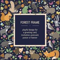 Vector square layout frame with animals and forest elements on black background. Natural themed banner. Cute funny woodland card template.