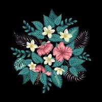 Vector tropical composition of pink hibiscus, white plumeria, monstera and palm leaves isolated on black background. Bright realistic watercolor style exotic design elements.