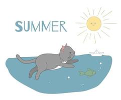 Vector illustration of a cat swimming in water with a fish and paper ship under the sun. Cute kitten clip art. Cartoon style picture for children.