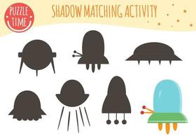 Shadow matching activity for children. Space topic. Cute funny ufo and flying saucers. vector