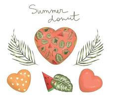 Vector illustration of heart shaped donut with pink icing with green palm and monstera leaves and watermelon. Original summer menu design. Tropical dessert concept. Exotic doughnut.