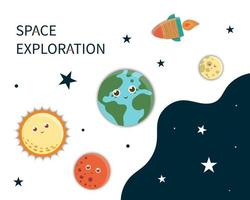 Vector space card template. Banner with galaxy, stars, planets, rocket for children. Cute flat illustration