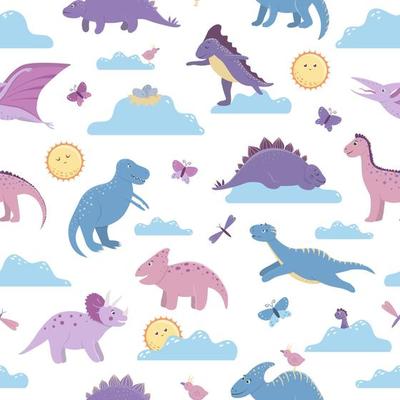 Vector seamless pattern with cute dinosaurs on day sky with clouds, sun, butterflies, birds for children. Dino flat cartoon characters background. Cute prehistoric reptiles illustration.