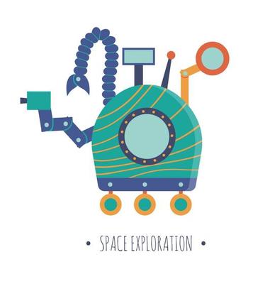 Vector rover illustration for children. Bright and cute flat picture of smiling technics isolated on white background. Space exploration concept.