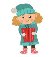 Vector happy girl with curly golden hair holding a present. Cute winter kid illustration isolated on white background. Funny flat style picture for Christmas, New Year or winter design