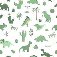 Patrón transparente de vector con lindos dinosaurios verdes con palmeras, cactus, piedras, huellas, huesos para niños. Fondo de personaje de dibujos animados plano de Dino. linda ilustración de reptiles prehistóricos.
