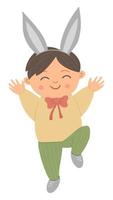 Vector happy boy with bunny ears jumping with joy. Easter funny character and design element. Cute spring icon picture.