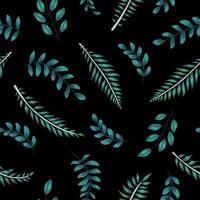 Vector seamless pattern with green tropical leaves and branches on black background. Summer repeat exotic backdrop. Jungle ornament.