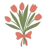 Vector illustration of tulips bouquet with bow isolated on white background. Spring traditional symbol and design element.