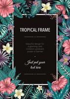 Vector frame template with tropical green leaves and purple flowers on black background. Vertical layout card with place for text. Spring or summer design for invitation, wedding, party, promo events.
