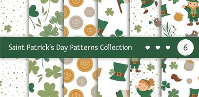 Vector set of seamless patterns with Saint Patrick Day symbols. National Irish holiday repeating background. Cute funny flat leprechaun texture.