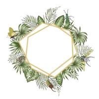 Vector frame template with tropical leaves,  insects and golden chain with white place for text. Square layout card with place for text. Spring or summer design for invitation