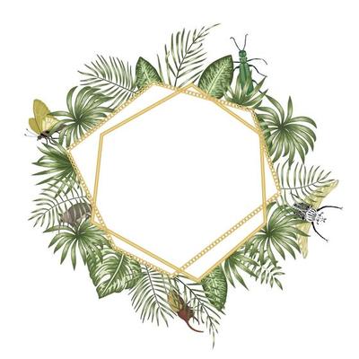 Vector frame template with tropical leaves,  insects and golden chain with white place for text. Square layout card with place for text. Spring or summer design for invitation