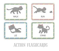 vector conjunto de tarjetas flash de acciones con gato. lindo personaje de pie, corriendo, caminando, acostado. tarjetas para el aprendizaje temprano.