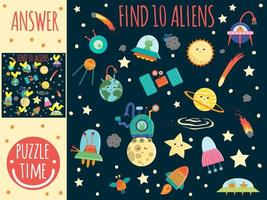 Searching game for children with planets, aliens and ufo. Space topic. Cute funny smiling characters. Find hidden aliens. vector