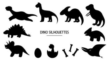 vector conjunto de siluetas de dinosaurios. Ilustración en blanco y negro de dinosaurios. plantillas temáticas prehistóricas lindas divertidas.