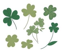 Vector set with flat clover leaf illustration. Cute spring icons collection. St. Patrick day symbol. Irish national holiday concept. Green plant clip art isolated on white background.