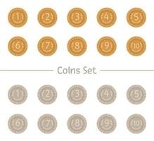 Vector set of cartoon style coins. Silver and gold money symbols isolated on white background. Illustration with numbers for counting, math or business activity.