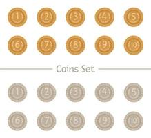 Vector set of cartoon style coins. Silver and gold money symbols isolated on white background. Illustration with numbers for counting, math or business activity.