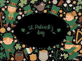 vector marco del día de San Patricio con duende, trébol aislado sobre fondo negro. Banner o invitación con temática de vacaciones irlandesas con lugar para el texto. linda plantilla de tarjeta de primavera divertida.