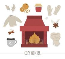 vector acogedor invierno con chimenea y fuego en el centro. Ilustración de objetos de calentamiento. articulos para la temporada de frio. alimentos, bebidas, especias y ropa para calentar aislado sobre fondo blanco.