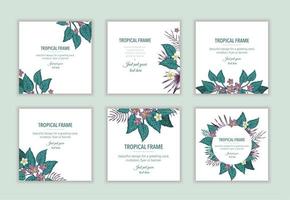 conjunto de plantillas de marco cuadrado tropical con hojas y flores. colección de diseño de tarjetas exóticas con lugar para el texto. Diseño de primavera o verano para invitaciones, bodas, fiestas, eventos promocionales. vector