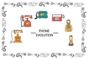 Vector illustration of phone evolution framed in receiver pattern. Vector vintage means of communication set. Retro collection of wired rotary dial telephone, radio phone.